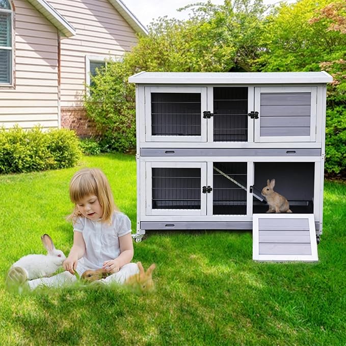 Aivituvin Rabbit Hutch Indoor, Folding Bunny Cage with Two Story, Rabbit Cage with Wheels, Anti Slip Ramp-PawvioPets