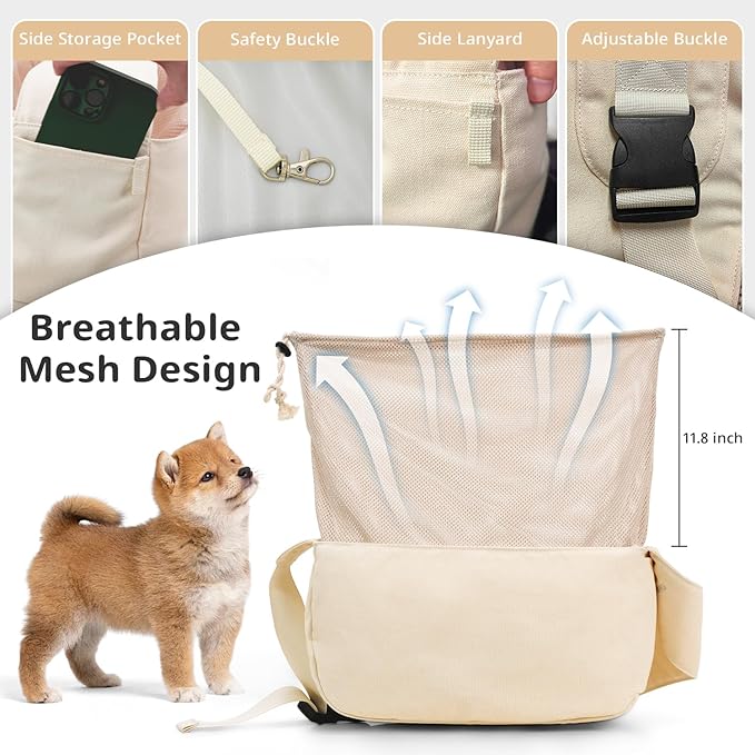 Dog Sling Carrier for Small Dogs and Cats, Lightweight Collapsible Pet Travel Bag with Adjustable Strap, Side Pockets & Breathable Mesh (Beige, 15.7" L x 5.9" W x 8.6" H)-PawvioPets