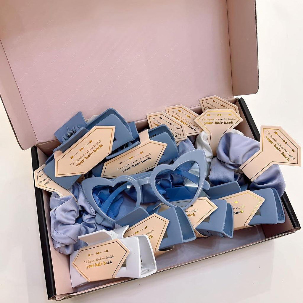 Bridesmaid Scrunchies Proposal Gifts Bachelorette Hair Claws Clips Girls heart sunglasses for Wedding Party Favors (White&Blue 40sets)