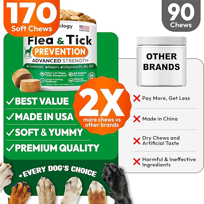 Flea and Tick Prevention for Dogs Pills - Natural Dog Flea & Tick Control - 170 Soft Chewables - Oral Defense Treatment for Dogs Supplement - Vet Formulated Chews - All Breeds & Ages - Made in USA-PawvioPets