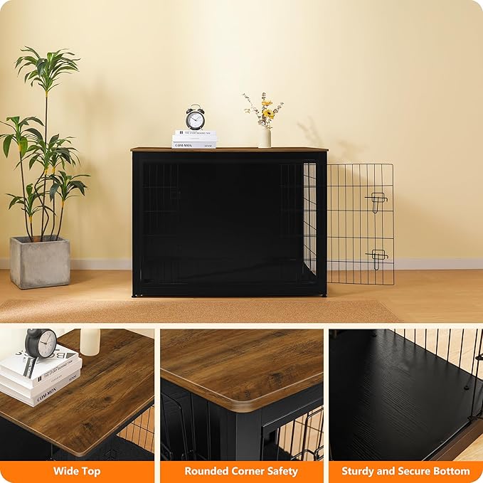DWANTON Dog Crate Furniture with Cushion, Wooden Kennel Table with Double Doors, Indoor Dog House, Extra Large Size, 43.3" L, Black+Warm Brown-PawvioPets