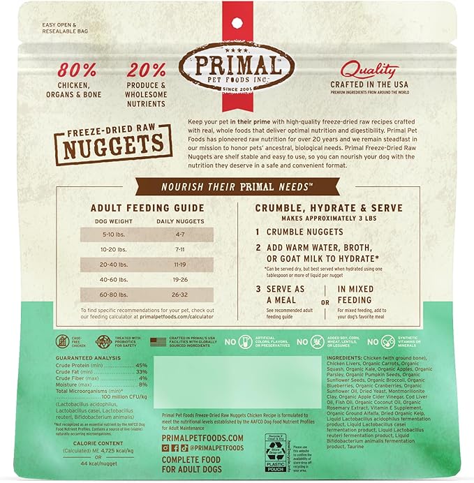 Primal Freeze Dried Dog Food Nuggets, Chicken; Complete Balanced Meal, Topper or Treat; Premium, Healthy, Grain Free, High Protein Raw Dog Food, 14 oz-PawvioPets