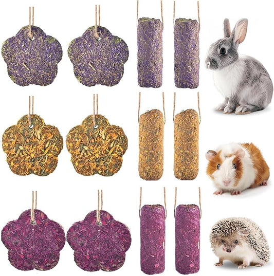 12PCS Rabbit Chew Sticks, Hanging Chew Sticks & Cakes Timothy Hay Rose Chrysanthemum Treat for Bunny Chinchilla Guinea Pig Hamster and Other Small Pets Molar Snack Toy-PawvioPets