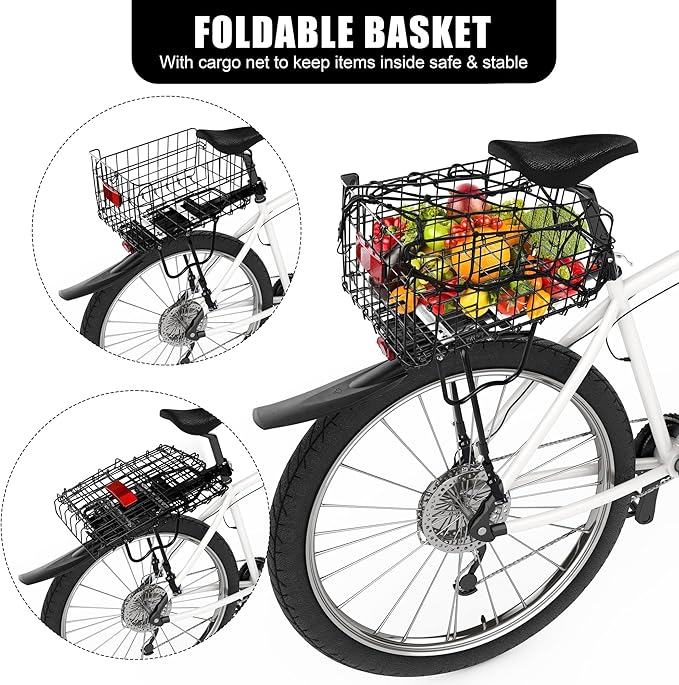 Aodaer Rear Bike Rack with Basket Quick Release Bike Rear Rack Heavy Duty Folding Bike Basket with Waterproof Bag & Cargo Net & Installation Tool-PawvioPets