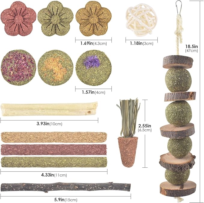 ERKOON Bunny Toys Boredom, 42 PCS Bunnies Timothy Hay Sticks Carrots Rose Grass Cake Dental Care, Molar, Chinchillas Toy Chew Toy, Guinea Pigs, Hamsters, Chinchilla, Rabbit Chew Toys for Teeth-PawvioPets