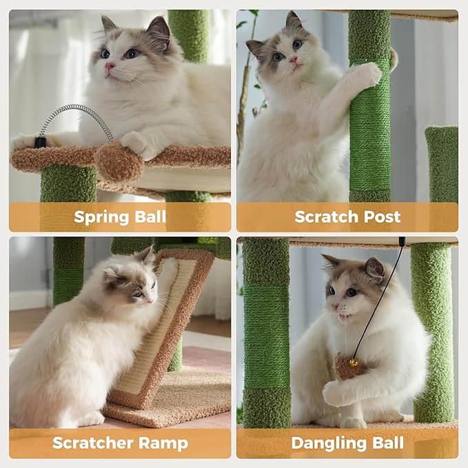 Floor to Ceiling Cat Tree Tall Cat Tower with Adjustable Height (81.8-108 Inches) with Fully Scratching Post Private Condo and Hammock for Indoor Cats (Green, Triple Dule Posts)-PawvioPets