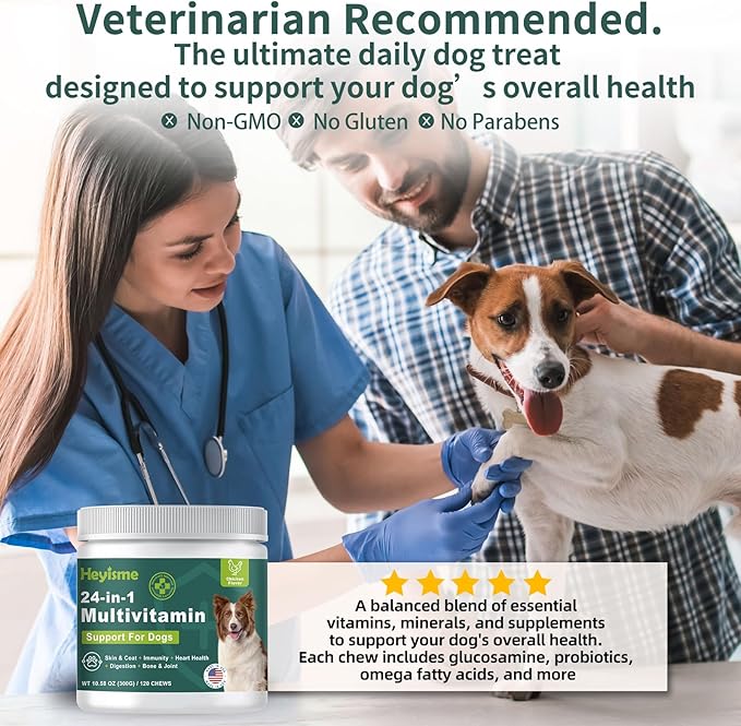 Dog Multivitamin, Glucosamine Chondroitin for Dogs, Dog Vitamins and Supplements, Probiotics, Krill Oil for Hip & Joints, Skin, Coat, Immune Health, Heart, Digestion (120 Chews, Chicken)-PawvioPets