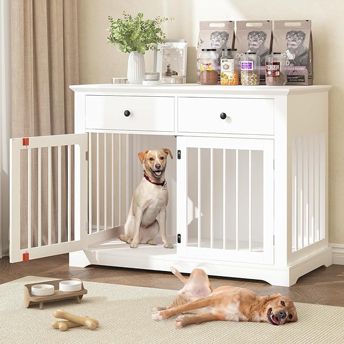 Dog Crate Furniture, 44 Inch Wooden Dog Kennel Indoor with 2 Storage Drawers, Heavy Duty Large Crate Furniture, Decorative End Table Cage Furniture for Small/Medium/Large (White)-PawvioPets