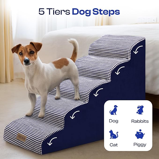 Curved Dog Stairs for High Bed Up to 26", 5-Step Dog Ramp for Small Dogs with Washable Cover, Non-Slip Steps for Cats to Get on Couch and Sofa, Durable Foam Ladder for Medium Breeds, White Navy-PawvioPets