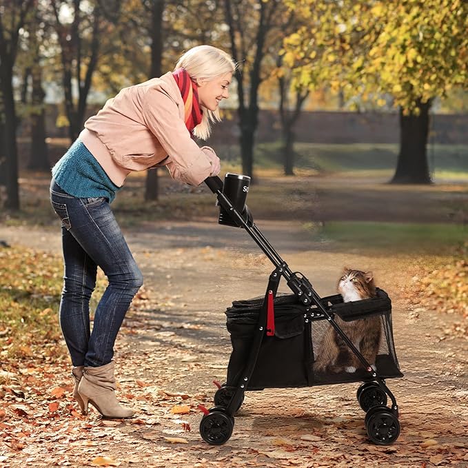 Foldable Pet Stroller for Small/Medium Pets up to 22 lbs - Lightweight 4-Wheel Design with Sun Canopy, Storage Bag & Breathable Mesh-PawvioPets