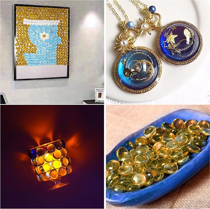 Amber Glass Marbles, 0.97LB Transparent and Smooth Mancala Stones, Yellow Flat Glass Beads for Vases, Mosaic Gem Pebbles for Aquarium Decor, Floral Arrangements Vase Filler and Crafts,Approx.80-100PCS-PawvioPets