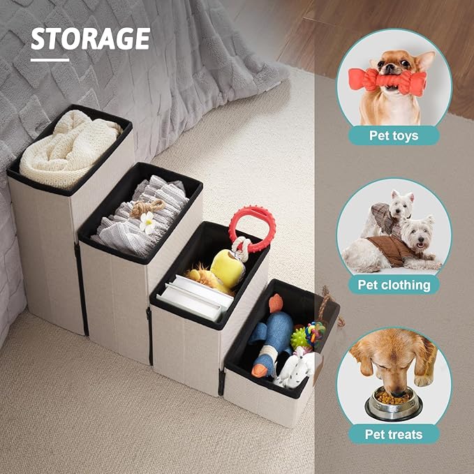 Dog Stair for Small Dogs with Storage, Foldable Pet Step with Soft Cover, Older Cat Ramp for Chair Couch Sofa, Lightweight, Durable, Comfort, 33x13x17.7 inch, 4 Tiers Grey-PawvioPets