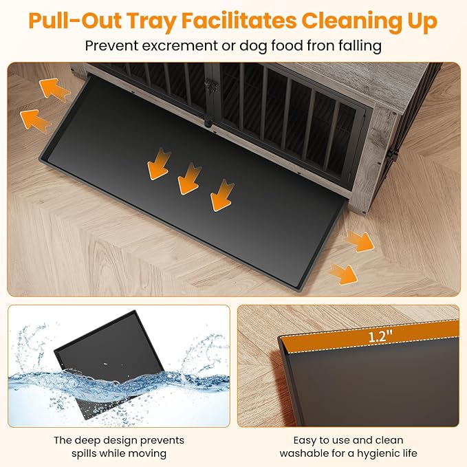 Dog Crate Furniture, Dog Crate End Table for Medium and Large Dogs,Wooden Cage Kennel Furniture Indoor, Modern Dog Crate with Multi-Purpose Removable Tray, Double-Doors Dog Furniture-PawvioPets