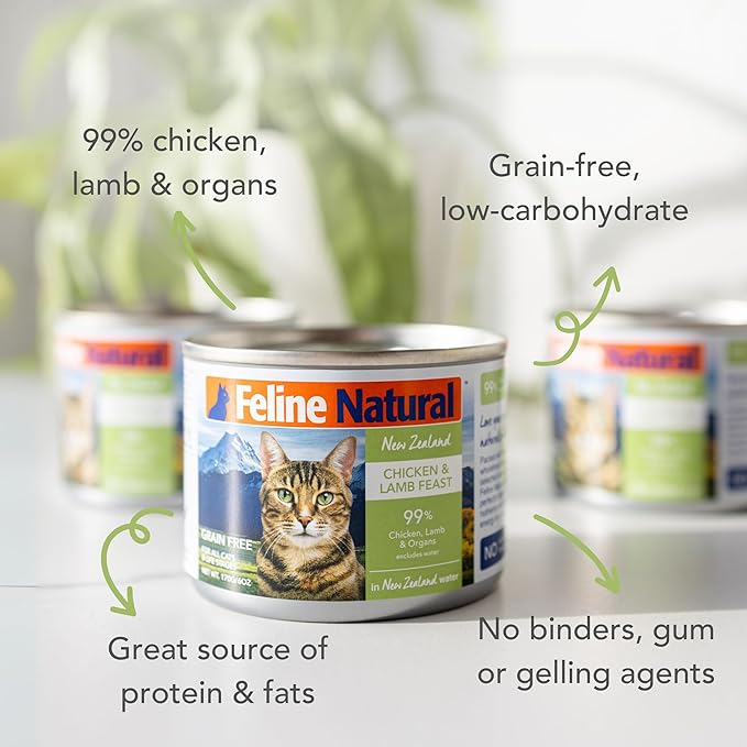 Feline Natural New Zealand Canned Catfood Wet Food, High-Meat, Low-Carb, & Grain Free Cat Food Wet, Chicken and Lamb Feast, 6 oz, Pack of 12-PawvioPets
