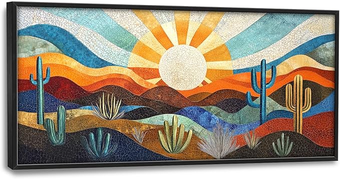 Extra Large Framed Abstract Boho Desert Wall Art, Sun Cactus Landscape Wall Decor Pictures for Living Room,Cacti Canvas Print Painting Modern Artwork Bedroom Office Bathroom Home Decor 60L x 30W-PawvioPets