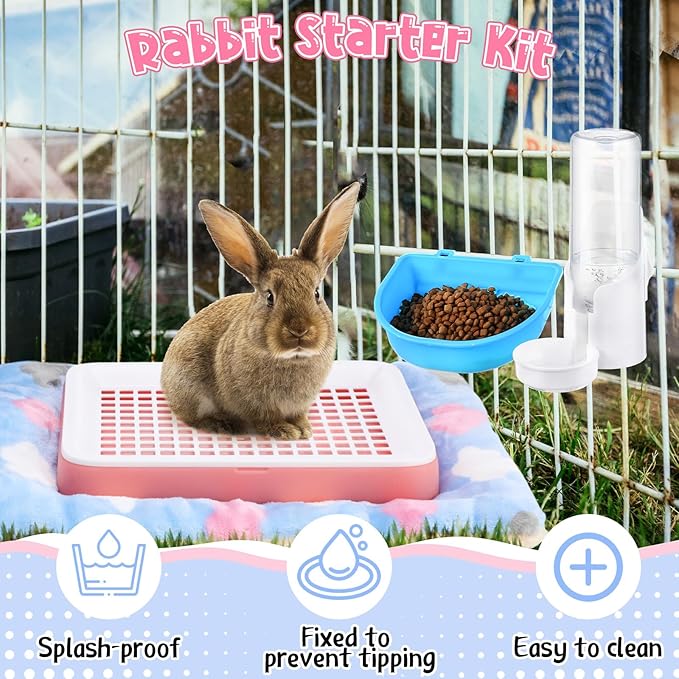 19 Pcs Rabbit Starter Kit Small Bunny Litter Box Rabbit Grooming Kit Water Bottle Bunny Toys Hay Feeder Bowl Blankets with Cleaning Set for Guinea Pig Accessories (Pink-White,Strawberry Bear)-PawvioPets