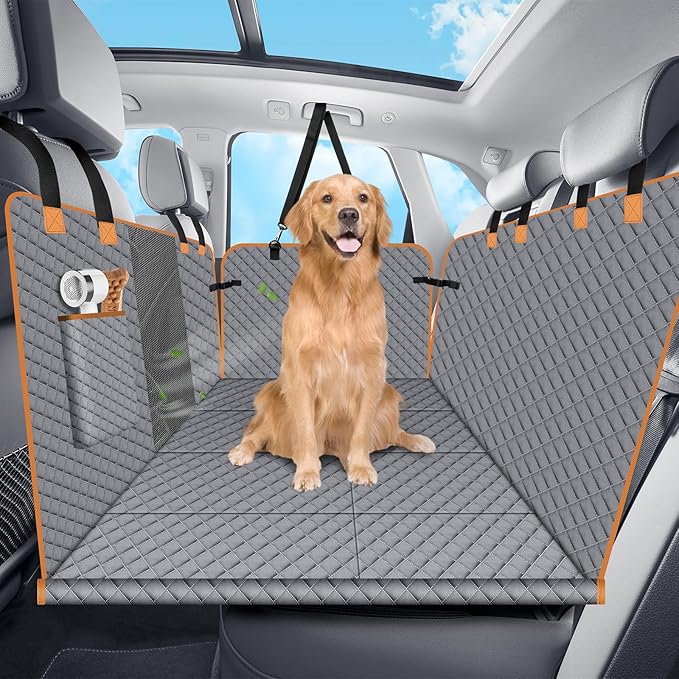 Dog Car Seat Cover for Back Seat, Dog Car Bed Cover with Strong Hard Bottom, Back Seat Extender Hammock for SUV Truck,4 Panels Gray Color-PawvioPets
