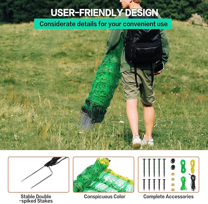 Electric Fence Netting, 49.6" H x 164' L, PE Net Fencing Kit with 14 Posts Double Spiked, Utility Portable Mesh for Sheep Hogs Goats Deer Dogs Lambs Used in Backyards Farms Ranches Patio, Green-PawvioPets