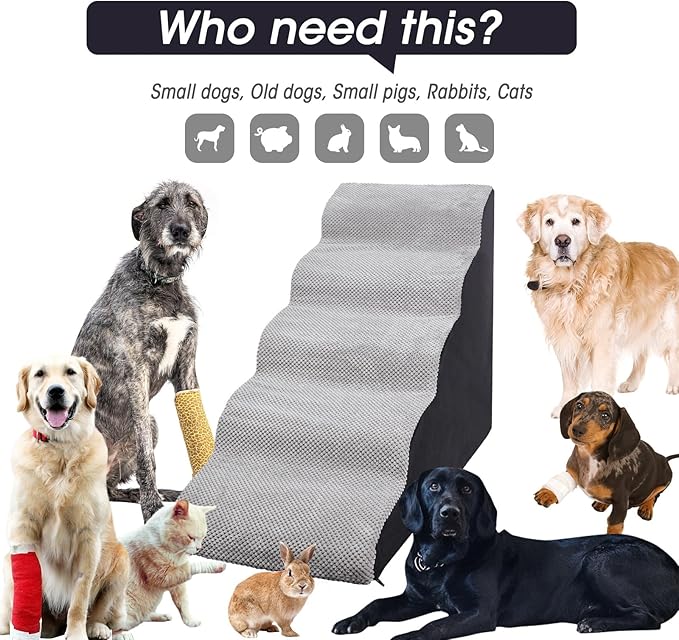 Dog Stairs&Steps for High Beds Up to 28'', 5-Step Dog Ramp for Small Medium Dogs with Washable Cover, Pet Steps for Cats to Get on Couch and Sofa, Durable Foam Ladders, 24.4" Tall, Grey-PawvioPets