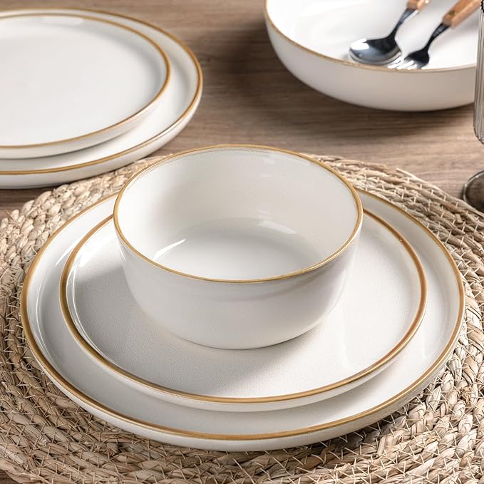 GBHOME Ceramic Dinnerware Sets for 4, 12 Pieces Stoneware Plates and Bowls Sets, Scratch Resistant Dishes, Dishwasher & Microwave Safe, Reactive Glaze-White-PawvioPets