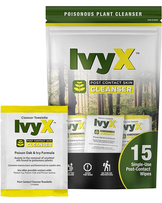 CoreTex Ivy X Post-Contact Poison Ivy Wipes with Resealable Travel Bag - Pack of 15 Single-Use Barrier Wipes to Assist in the Removal of Rashes - Also Works on Poison Oak & Sumac Oils-PawvioPets