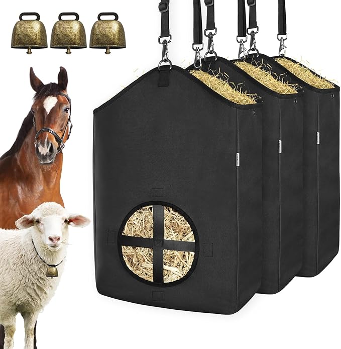 3 PCS Goat Hay Feeder,Hay Bags for Horses,Goats,Donkeys with Reinforced Oxford Fabric and High Strength Metal Clasp,Horse Feeding Supplies with Adjustable Strap for Easy Hanging (3Black)-PawvioPets