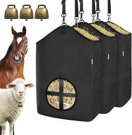 3 PCS Goat Hay Feeder,Hay Bags for Horses,Goats,Donkeys with Reinforced Oxford Fabric and High Strength Metal Clasp,Horse Feeding Supplies with Adjustable Strap for Easy Hanging (3Black)-PawvioPets