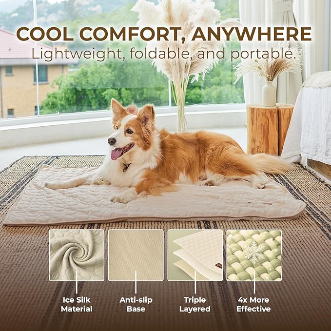 Dog Cooling Mat- Ice Silk Summer Comfort, Self Cooling, Non-Slip Dog Pad, Durable & Washable, Mat for Large Dogs 65x95 cm, Support Shelter Dogs with Every Purchase (Beige)-PawvioPets