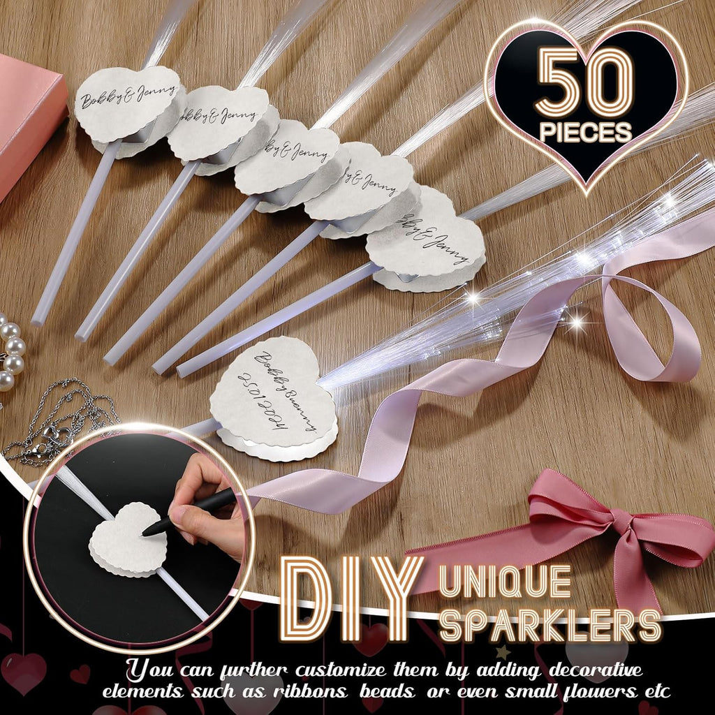 50 Pcs Wedding Sparklers Heart Shaped LED Glow Sticks Fiber Optic Wands Light up Wand with 3 Light Mode for Wedding Bridal Shower Birthday Glow in The Dark Party Supplies (White)