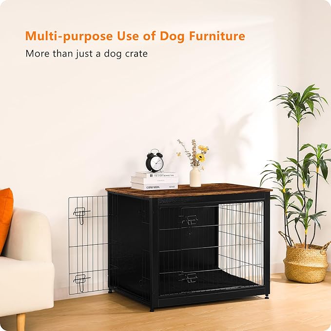 DWANTON Dog Crate Furniture with Cushion, Wooden Kennel Table with Double Doors, Indoor Dog House, Large Size, 38.5" L, Black+Rustic Brown-PawvioPets
