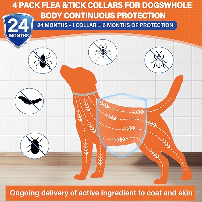 4 Pack Flea and Tick Collar for Dogs - 25" Adjustable Collar Fits Dogs, Long-Lasting 24-Month Protection for Small, Medium, and Large Dog – Waterproof Flea Tick Prevention-PawvioPets