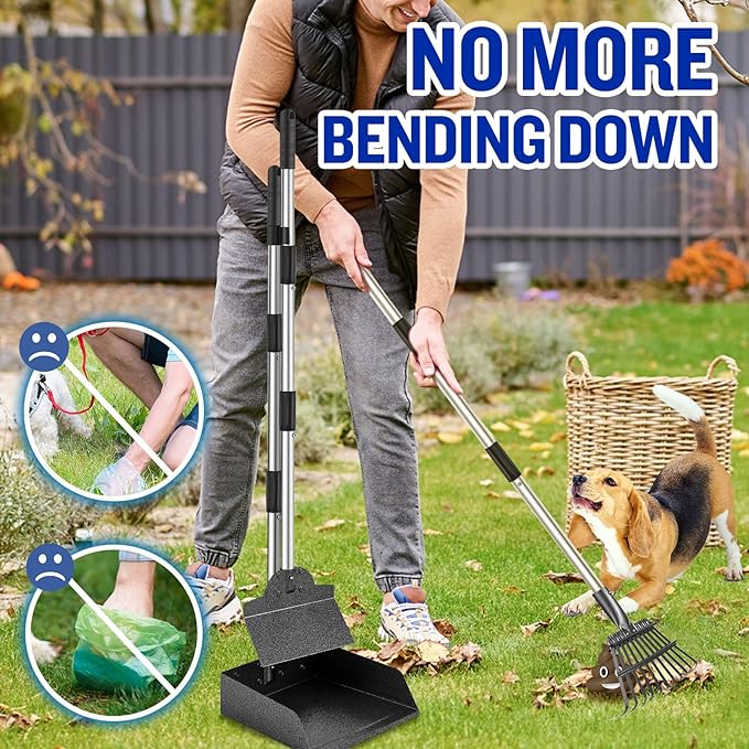 Dog Pooper Scooper for Large Dogs, 3 Pack Adjustable Long Handle Metal Tray, Rake and Spade Poop Scoop with Bin for Pet Waste Removal, No Bending Clean Up for Medium and Large Dogs-PawvioPets