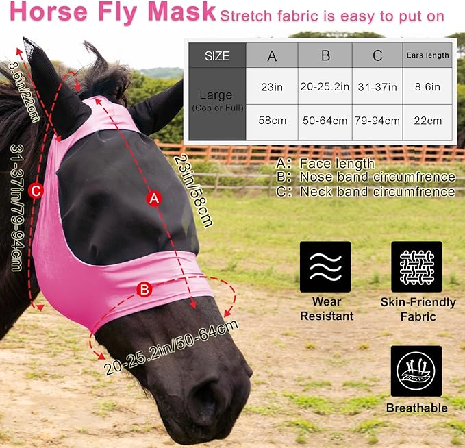 2 Piece Horse Fly Mask with Ears, Comfortable Fit Stretch Fabric Big Eye Space Soft Breathable with UV Protection for Full Horses (Blue-Pink)-PawvioPets