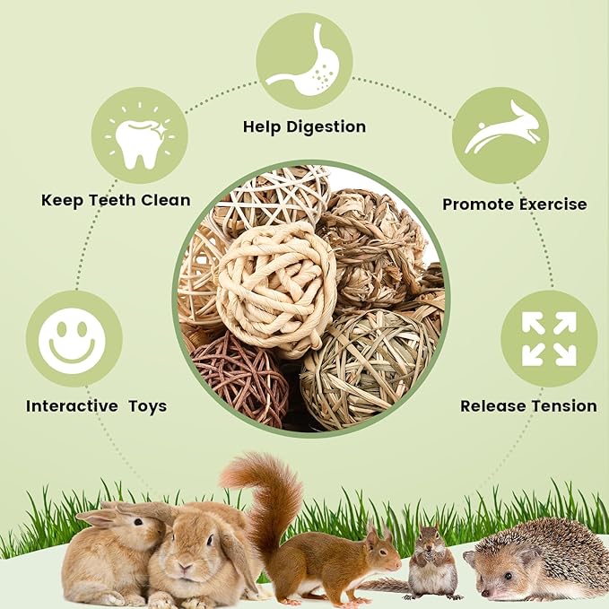 Bunny Chew Grass Balls, Rolling Chew Toys for Small Animals, Improving Dental Health, Natural Chew Grass Toys for Rabbits, Guinea Pigs, Chinchillas, Hamsters, Mice (16 Pcs)-PawvioPets