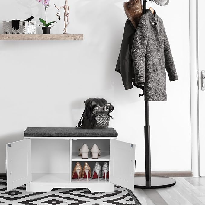 2-Tier Storage Bench, Shoe Bench with Padded Seat Cushion, Entryway Bench with 2 Barn Doors, Adjustable Shelf, 13.8" D x 27.6" W x 17.7" H, for Entryway, Living Room, Bedroom, White-PawvioPets