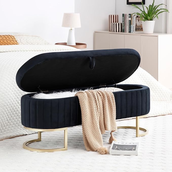 50" Sherpa Storage Ottoman Bench – Velvet Upholstered Bedroom Bench with Golden Metal Legs, Lift-Top Hidden Storage, Modern Footrest for Living Room, Entryway, Bed End (Black)-PawvioPets