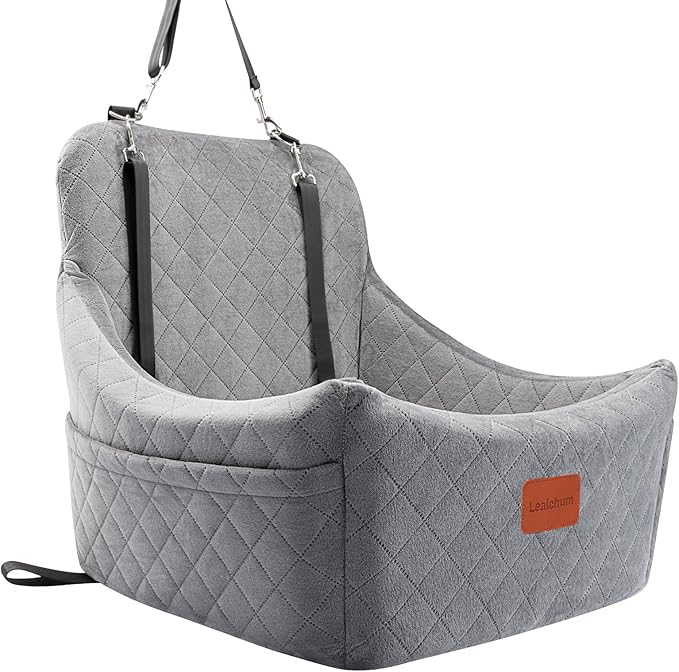 Dog Car Seat for Medium Dogs Up to 35lbs,Fully Detachable and Washable,Easy to Install with Adjustable Straps,Anti-Slip Bottom Travel Car Bed for Pets,Two Side Pockets(Grey,Medium)-PawvioPets
