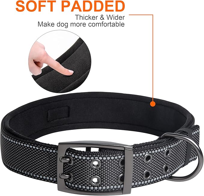 Fida Heavy Duty Dog Collar 1.5” Width, Ultra Soft Neoprene Padded, Adjustable Reflective Nylon Pet Collar with Two Metal Pin Belt Buckle for Large/X-Large Breeds (XL, Black)-PawvioPets