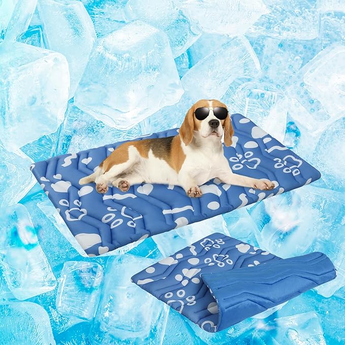 BEAUTYZOO Dog Cooling Mat- Upgraded Thicken Cooling Mat for Large Dogs Reversible(Cool & Warm) Pet Ice Cool Bed Washable & Portable, Summer Crate Pad for Big Dog Puppy Up to 44 lbs, Paw Blue 36X23IN-PawvioPets