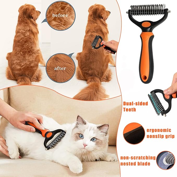 Cat Grooming Brush Kit 6 Tools - Deshedding & Dematting for Long/Short Hair, Self-Cleaning Slicker Brush with 6-in-1 Flea Comb for Cats & Kittens (Orange)-PawvioPets