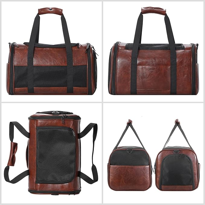 Fashion Leather Dog Carrier, Airline Approved Cat Carrier Soft Sided Pet Bag Carrier Purse for Puppy Kitten Small Animals Coffee-PawvioPets