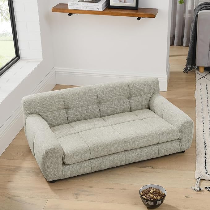 Dog Couch Bed, Mini Sofa for Dogs with Backrest and Armrest, Durable Pet Sofa with Soft Foam Cushion, Elevated Dog Couch Bed with Legs for Medium and Large Dogs, Beige-PawvioPets