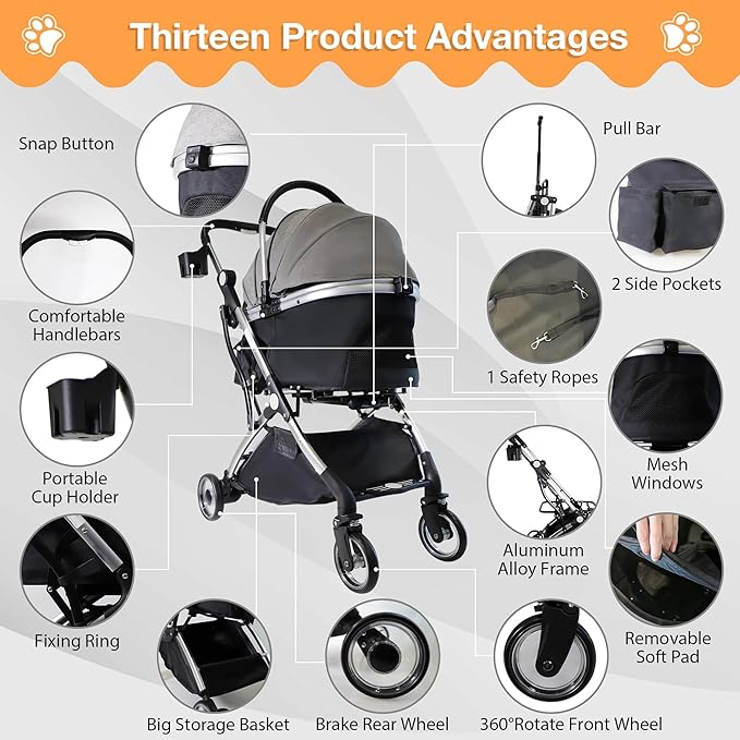 Dog Stroller for Small Medium Dogs, 3 in 1 Folding Pet Stroller Up to 33 lbs, 4 Wheels Pet Strolling Cart with Zipperless Entry, Cat Dog Travel Carrier with Telescopic Handle and Storage Basket-PawvioPets