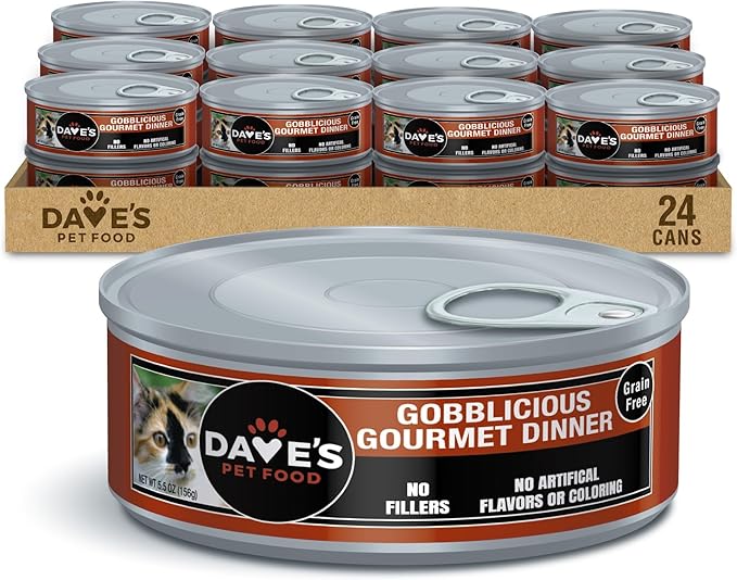 Dave's Pet Food Grain Free Wet Canned Cat Food Pate (Gobblicious Gourmet), Made in USA Naturally Healthy, Added Vitamins & Minerals, 5.5 oz Cans (24 Pack)-PawvioPets