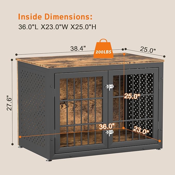 38" Heavy Duty Dog Crate Furniture for Large and Medium Dogs,Wooden Metal Kennel for High Anxiety Dogs, Chew Proof Pet Cage Indoor, Decorative Dog Kennel End Table-PawvioPets