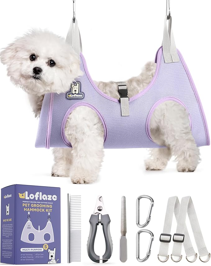 Dog Grooming Hammock Harness for Dogs & Cats with Pet Nail Clipper Trimmer - Cat Hanger Sling for Trimming Clipping Nails- Dog Hammock Restraint Bag for Small Medium Large pet （ Purple S）-PawvioPets