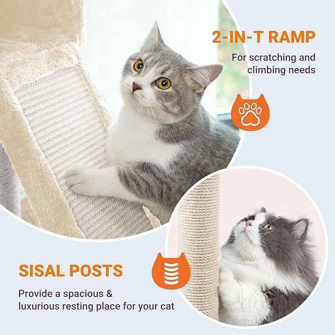 Allewie 81 Inches Tall Cat Tree/Multi-Level Large Climbing Tree House and Towers for Big Feline/Condo and Hammock/Scratching Post/Wide Base/Beige-PawvioPets