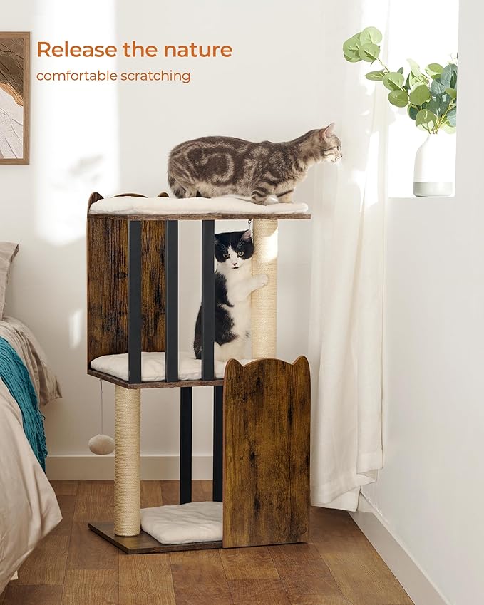 FourFurPets 35.4in 3-Tier Modern Cat Tree Tower Condo, Cat Scratch Posts for Indoor Cats, Big Plate, Two Full Sisal Scratching Posts, Rustic Brown-PawvioPets