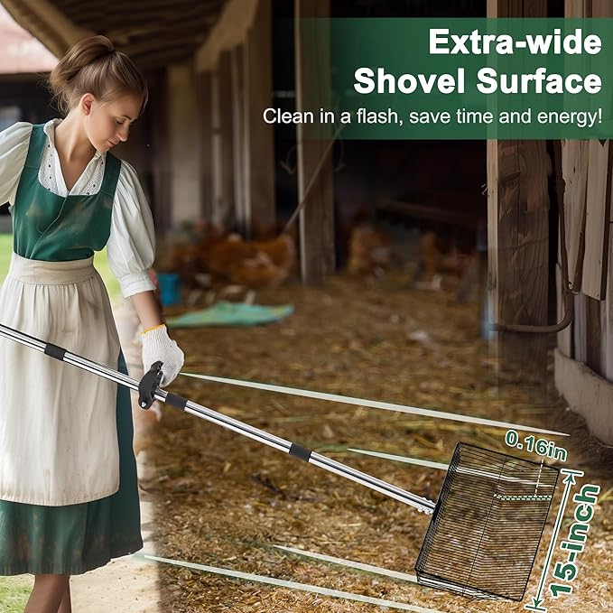 15-inch Large Chicken Poop Scooper, 5 in 1 Adjustable Chicken Coop Scoop with Ergonomic Grip, 24" to 77" Long Stainless Steel Sifting Litter Shovel Pooper Scooper Chicken Coop Accessories-PawvioPets