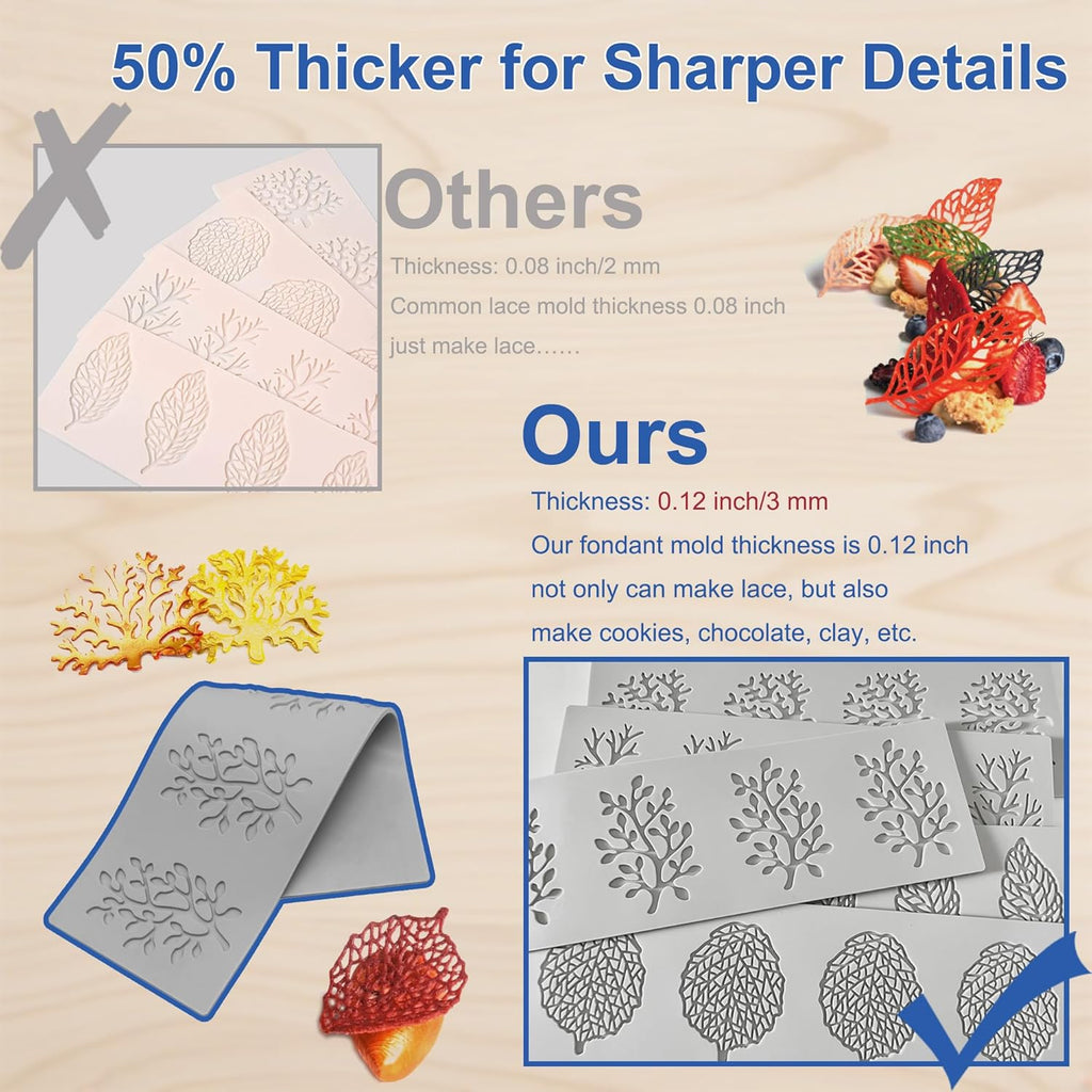 7Pcs Leaf Silicone Fondant Molds with Dough Scraper Silicone Spatula, 3D Coral Branch Leaf Chocolate Molds, DIY Baking, Sugar Craft, Wax, Gum Paste, Cupcakes, Clay